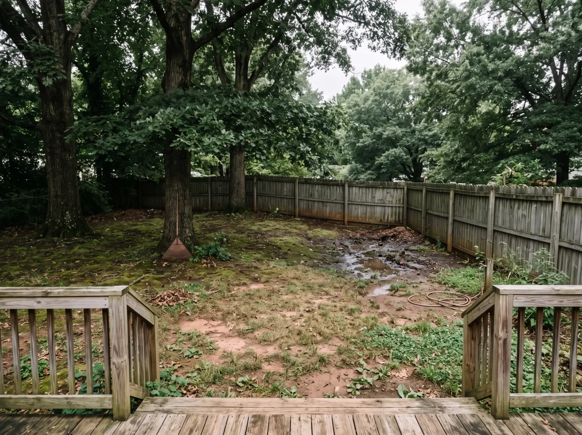 Before: Shade lawn renovation — backyard under oaks, south Charlotte