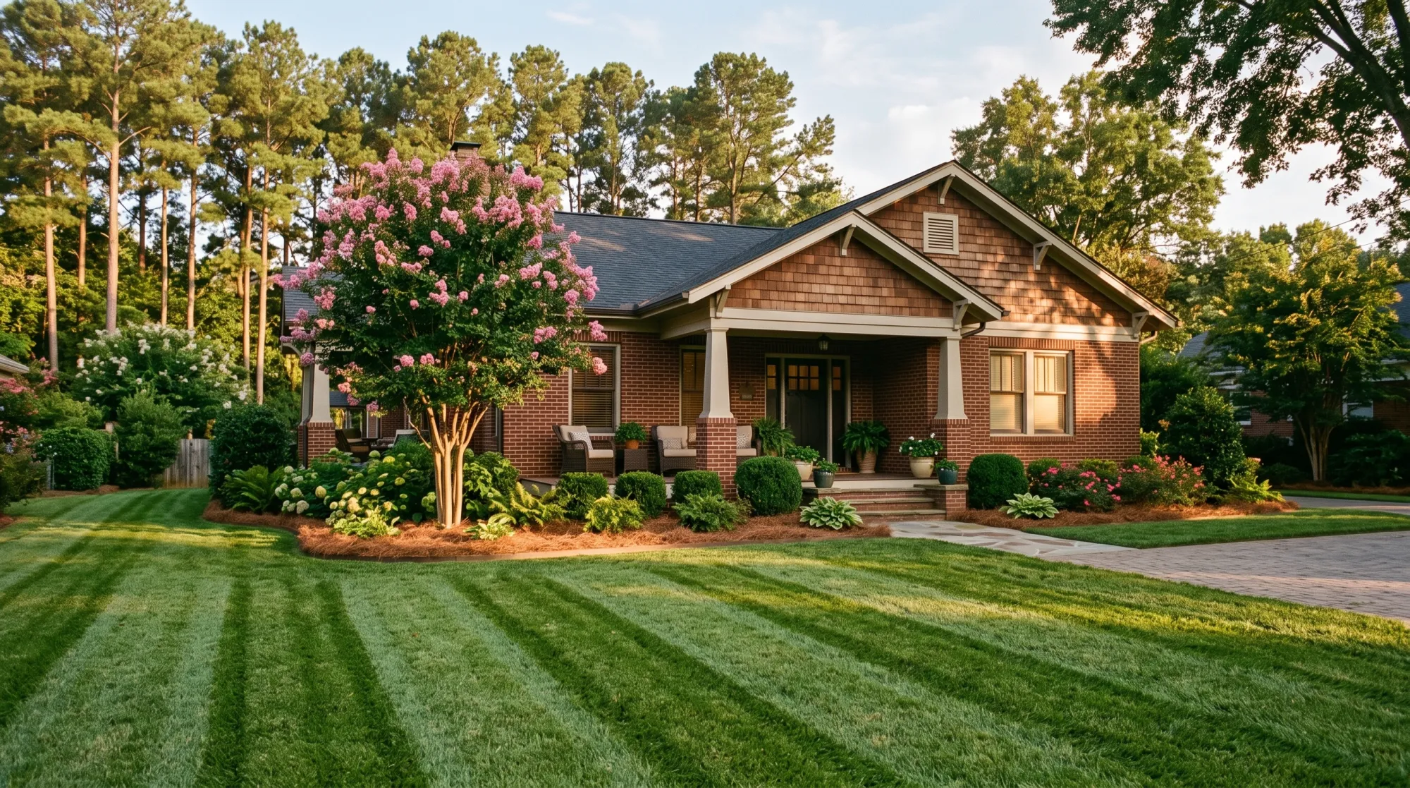 A freshly striped fescue lawn in front of a brick Charlotte home at golden hour, with a crepe myrtle in bloom