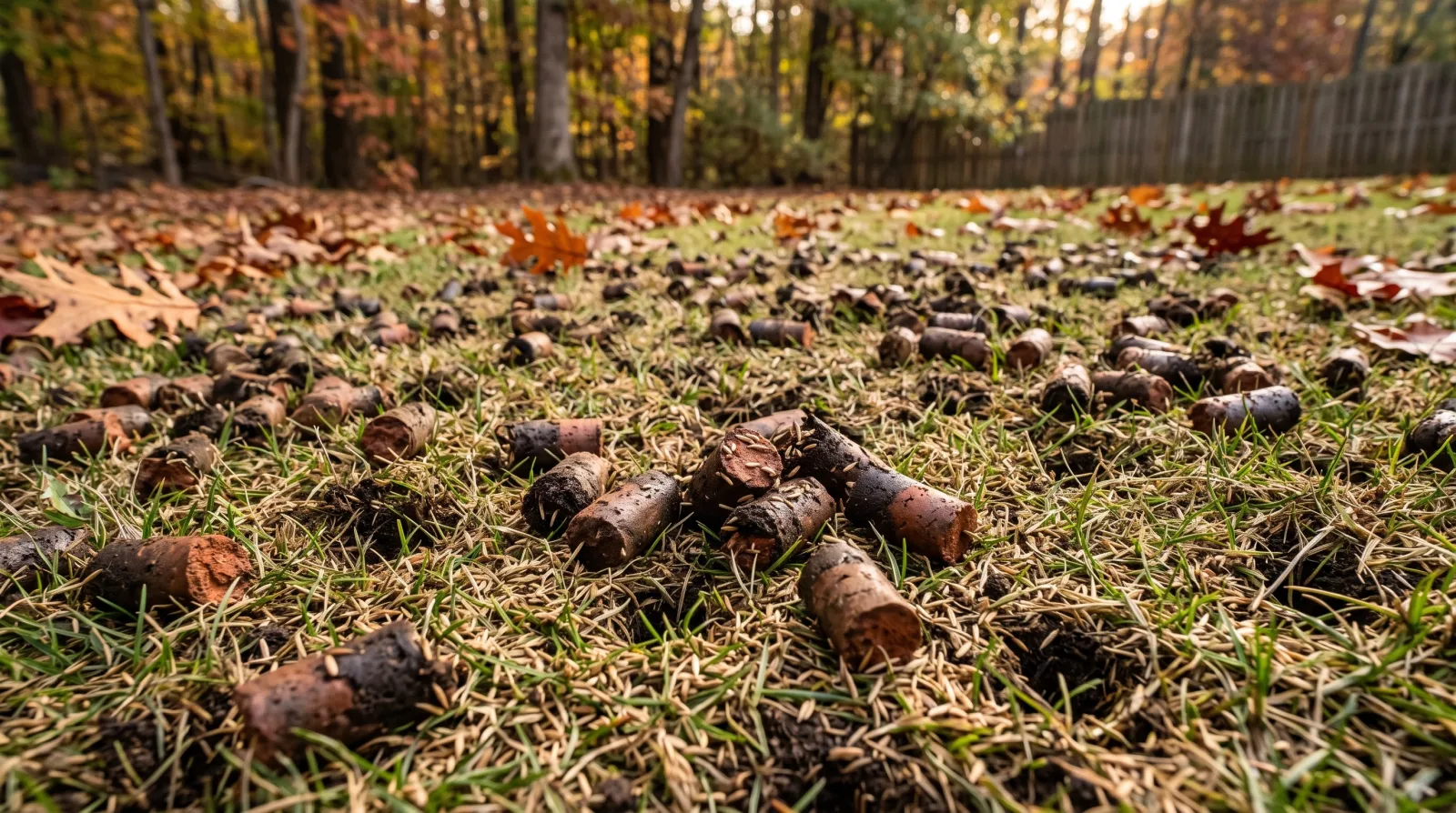 Close-up of a freshly core-aerated lawn with soil plugs and new seed on the surface