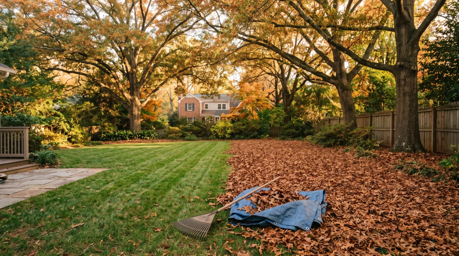A Charlotte backyard under oaks in autumn, half cleared and mowed, half still covered in fallen leaves