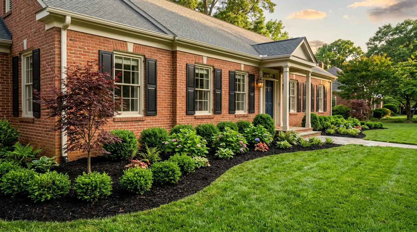 A newly planted foundation bed of boxwoods, hydrangeas and a Japanese maple along a brick Charlotte home