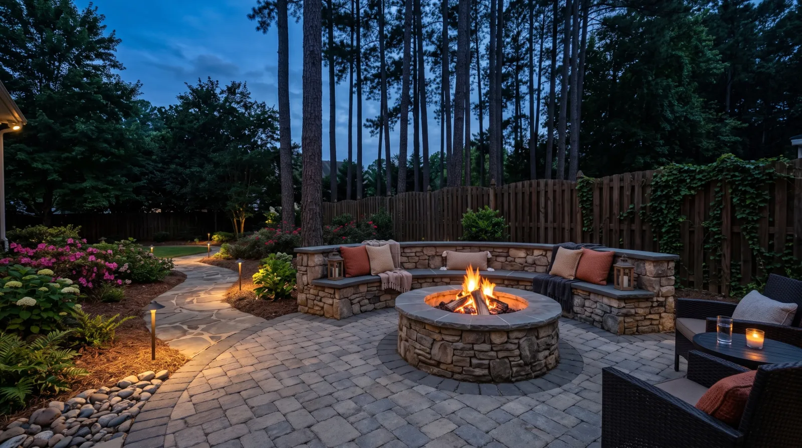 A backyard paver patio with a stone fire pit and low seating wall under pines at dusk, lit by landscape lighting