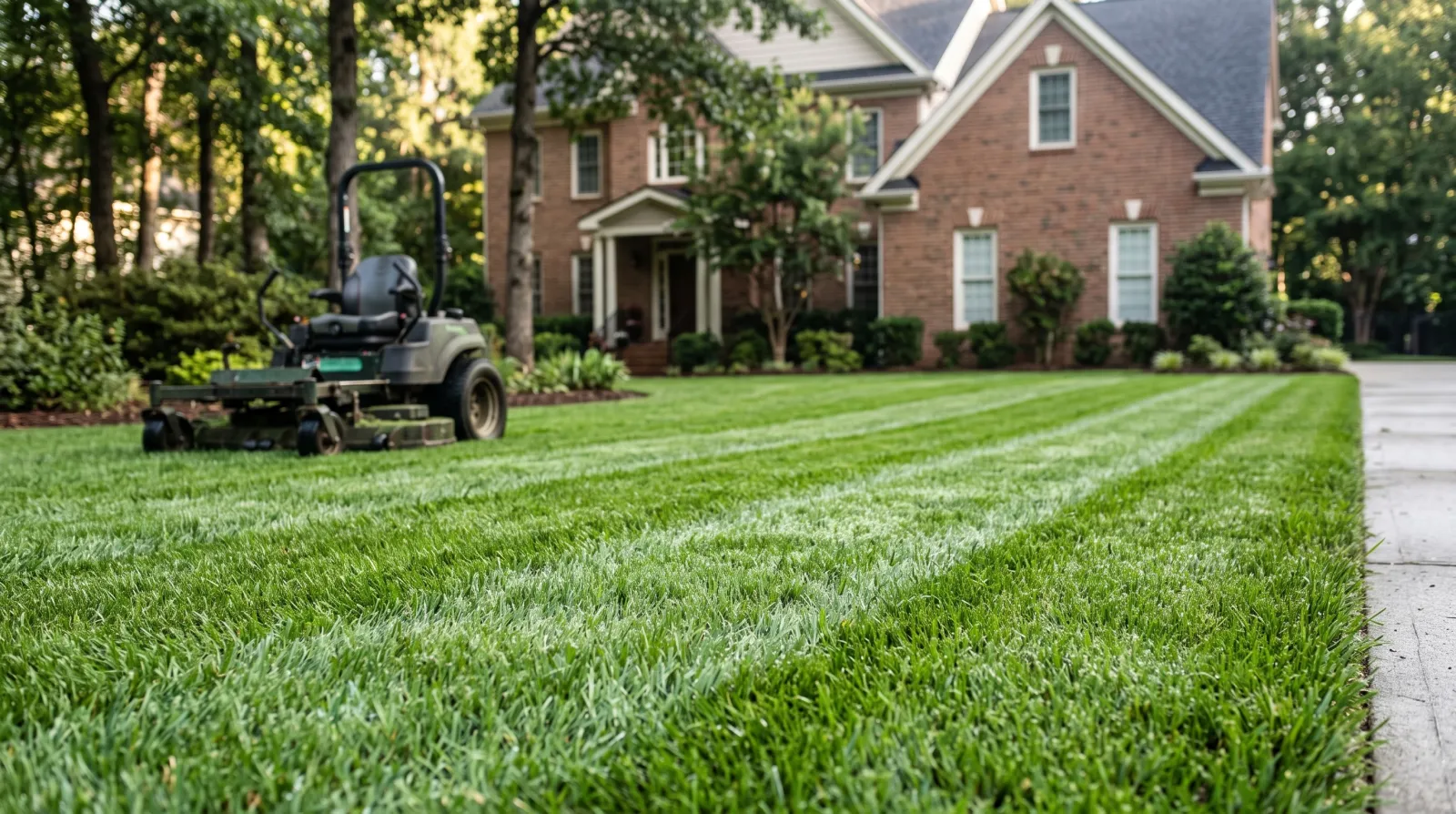 Freshly striped tall fescue lawn in front of a brick Charlotte home, with a mower parked at the edge