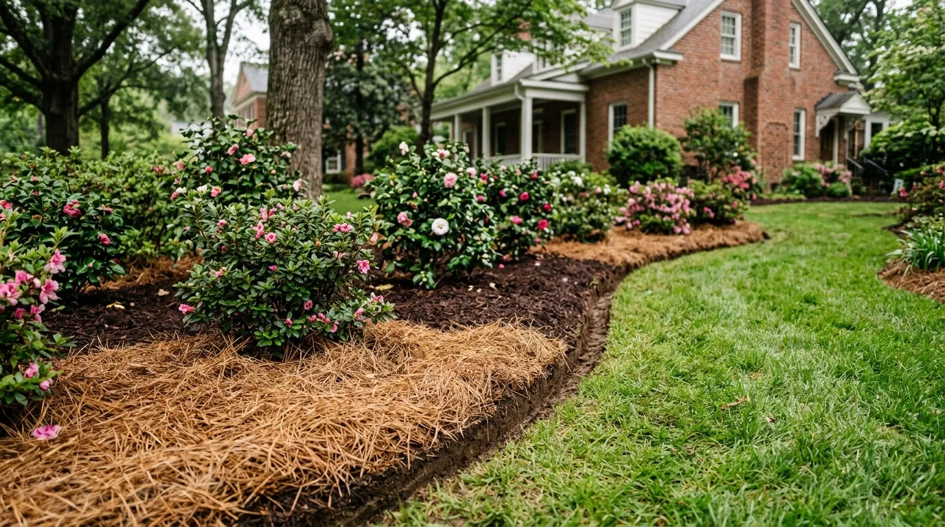 Fresh long-needle pine straw and dark hardwood mulch in a landscape bed around azaleas, with a crisp trenched edge