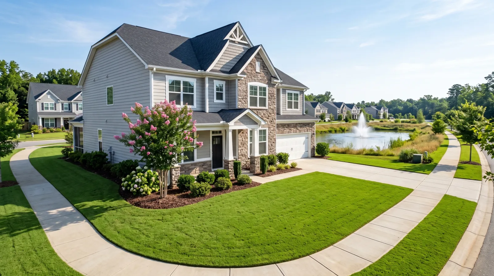 A new two-storey home in a Fort Mill subdivision with a dense Bermuda lawn, sidewalks and a retention pond in the background