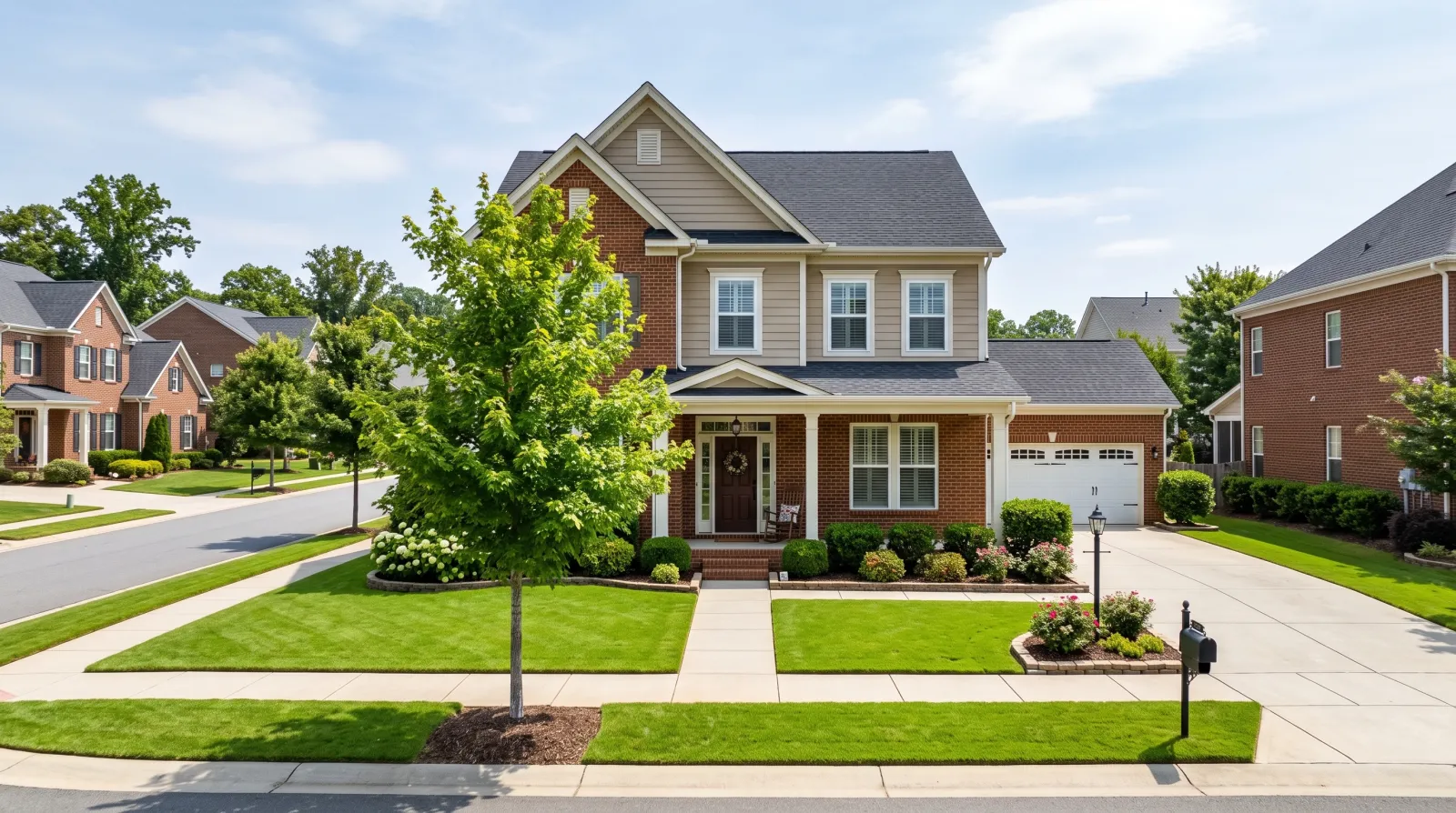 A two-storey brick and siding home with a tidy front lawn in a Matthews subdivision
