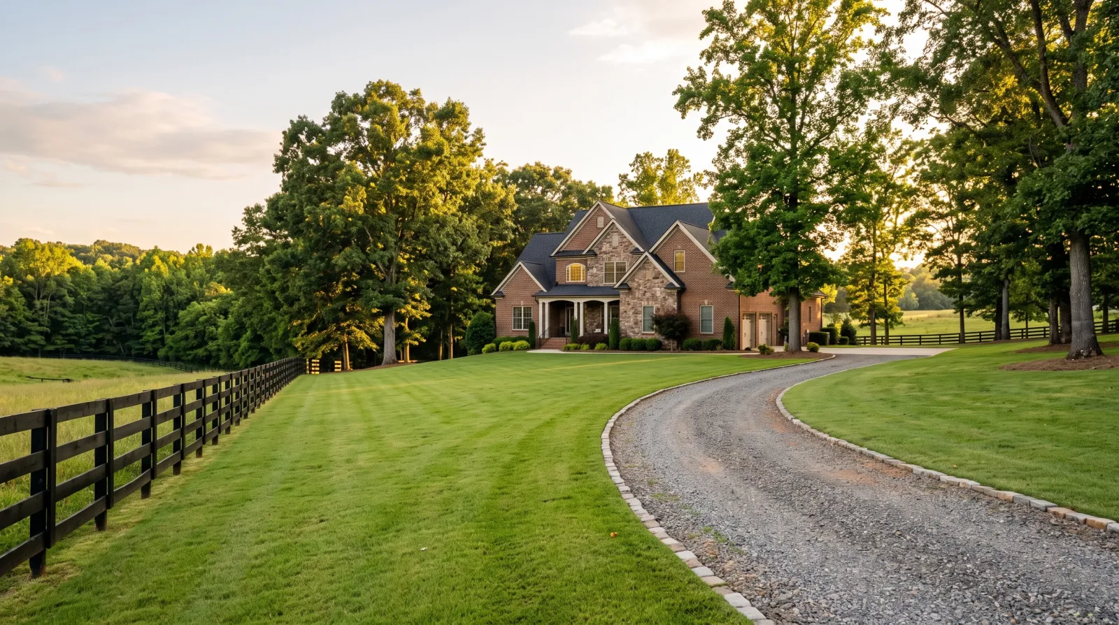 A large-lot brick and stone home in Waxhaw with a wide lawn, long driveway and black four-board fencing